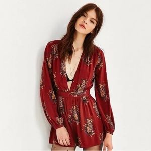 Ecote | Urban Outfitters Burgandy Floral Long Sleeved Romper